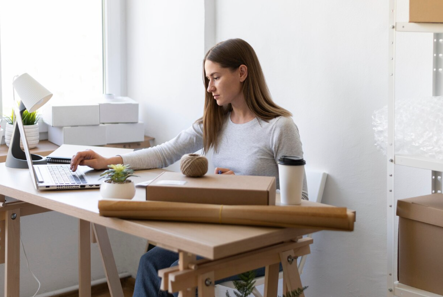 Woman working at a laptop with packaging boxes illustrating side projects that became businesses