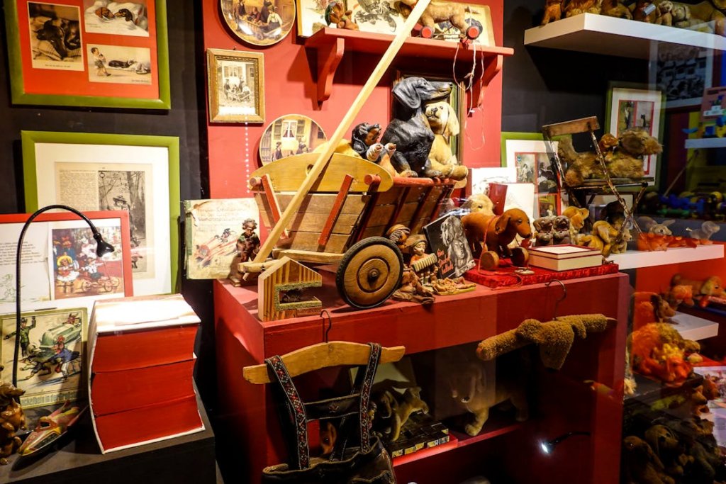 Display with vintage toys and collectibles, illustrating small museums to visit for unusual collections