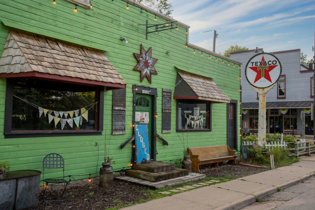 Small-town storefront with vintage signage showing small towns with big history