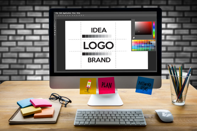Logo design workspace with color palette showing the stories behind famous logos and brand identity